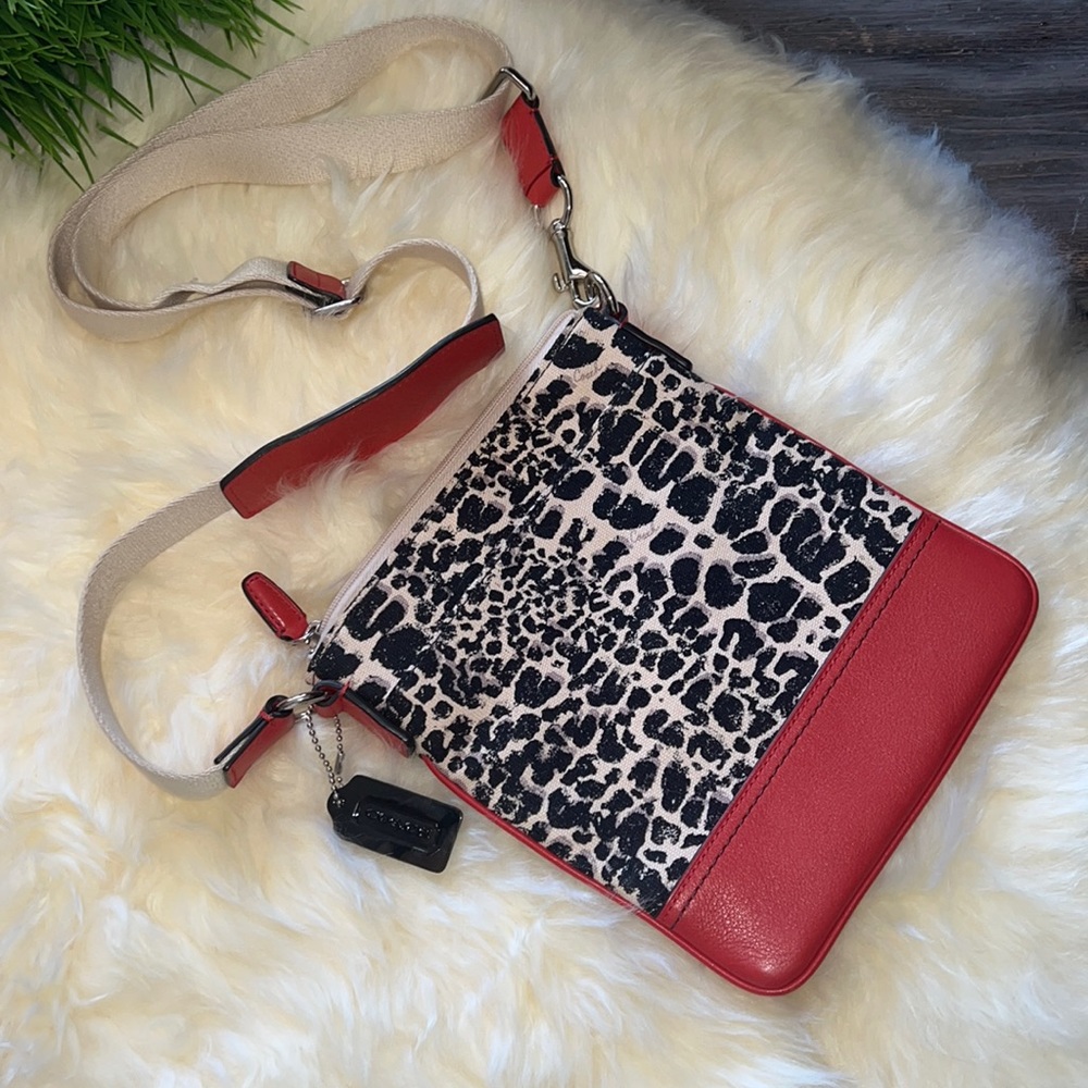 Rare!🔥Coach Swingback Legacy Ocelot, Canvas & Red Leather Crossbody Bag💋